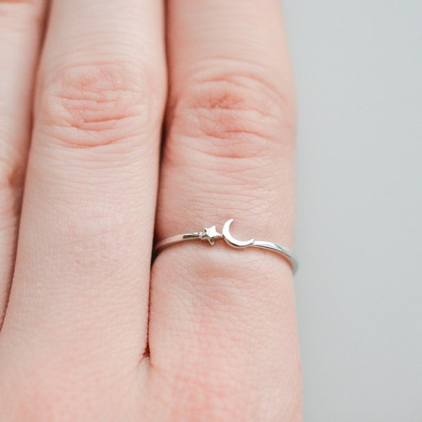 Sterling Star Ring, Moon Ring, Celestial Ring, Adjustable Ring, Moon and Star Ring, Star Moon Ring, Dainty Ring Silver, Minimalist Ring