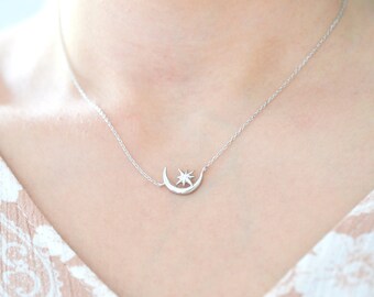 Sterling Silver Moon and Star Necklace, Celestial Jewelry for Her, Dainty Moon Necklace, Silver Moon Charm, Crescent Moon Pendant Necklace