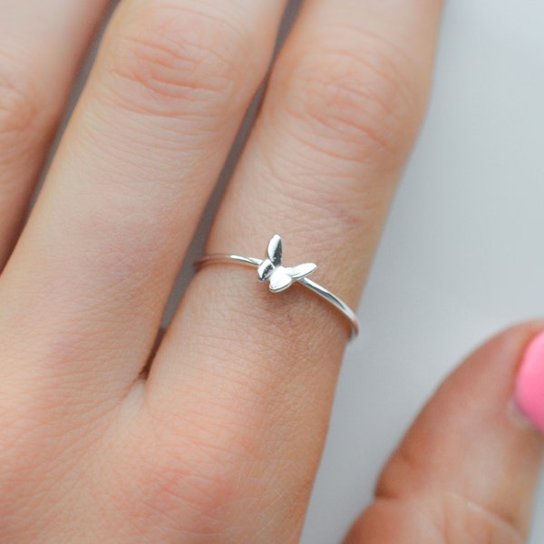 Sterling Silver Butterfly Ring, Nature Ring, Insect Ring for Women, Minimalist Thin Band Ring, Dainty Stacking Ring, Delicate Silver Ring