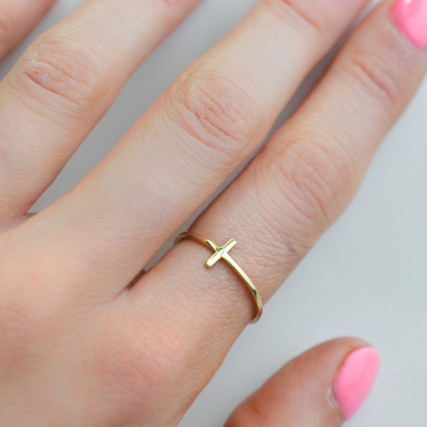 Gold Cross Ring For Women, Dainty Christian Rings, Minimalist Gold Filled Cross Ring, Crucifix Ring for Pointer Finger Index Finger or Thumb