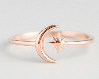 Gold Star Ring, Moon Ring, Celestial Ring, Adjustable Ring, Moon and Star Ring, Star Moon Ring, Dainty Ring, Minimalist Ring, Simple Ring