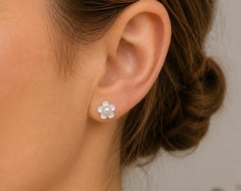 Sterling Silver Flower Stud Earrings, White Cultured Pearl Center, Floral Pearl Earrings, Minimalist Push Back Studs, Dainty Silver Jewelry