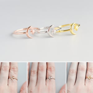 Sterling Star Ring, Moon Ring, Celestial Ring, Adjustable Ring, Moon and Star Ring, Star Moon Ring, Dainty Ring Gold, Rose Gold Simple Ring