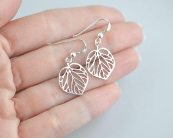 Sterling Silver Leaf Earrings, Aspen Style Dangle Earrings, Organic Nature Jewelry, Lightweight Silver Drops, Simple Botanical Earrings