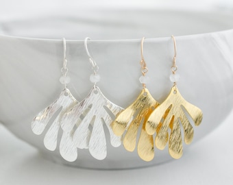 Gold or Silver Leaf Earrings with Moonstone, Bridal Dangle Earrings, Modern Nature Jewelry, Elegant Wedding Earrings, Gemstone Jewelry Gift