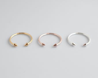 Gold or Sterling Silver Adjustable Ring, Open Cuff Ring, Spike Rose Gold Wrap Ring, Punk Edgy Stacking Jewelry, Minimalist Bold Ring