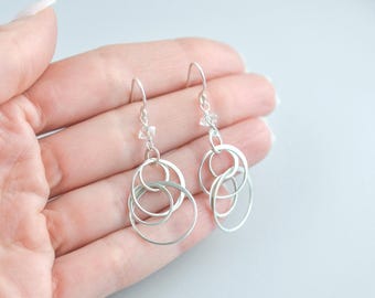 Sterling Silver Circle Earrings, Multi Hoop Dangle Earrings, Minimalist Hammered Drops, Simple Everyday Jewelry, Handmade Silver Earrings