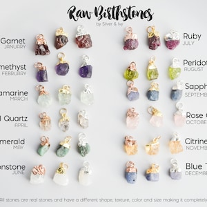 Puede incluir: Encantos de piedras de nacimiento en bruto para la elaboraci&oacute;n de joyas. Cada encanto es una piedra preciosa diferente, que representa un mes diferente del a&ntilde;o. Los encantos se muestran sobre un fondo blanco con el nombre de la piedra preciosa y el mes escrito debajo de cada encanto.