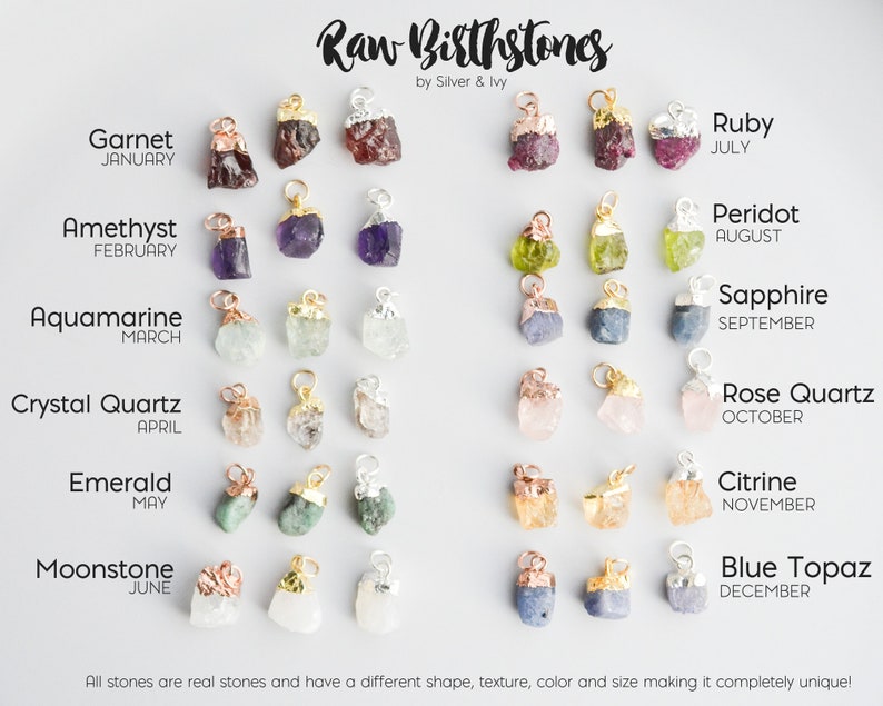 Puede incluir: Encantos de piedras de nacimiento en bruto para la elaboraci&oacute;n de joyas. Cada encanto es una piedra preciosa diferente, que representa un mes diferente del a&ntilde;o. Los encantos se muestran sobre un fondo blanco con el nombre de la piedra preciosa y el mes escrito debajo de cada encanto.