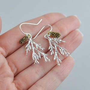 Pine Tree Pinecone Earrings, Sterling Silver and Gold Mixed Metal Jewelry, Nature Inspired Forest Earrings, Winter Woodland Dangle Earrings