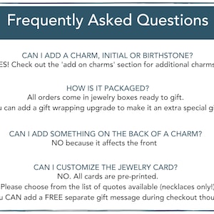 May include: A blue and white graphic with the text "Frequently Asked Questions" and a list of questions and answers about adding charms, packaging, customization, and gift messages.