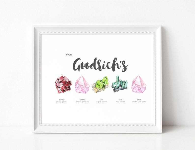 以下が含まれることがあります： 「the Goodrich's」の文字と、5つのカラフルな宝石の水彩イラストが描かれたフレームプリント。各宝石には名前、誕生月、宝石の種類（例：「Jason、1月、ガーネット」）が記載されています。