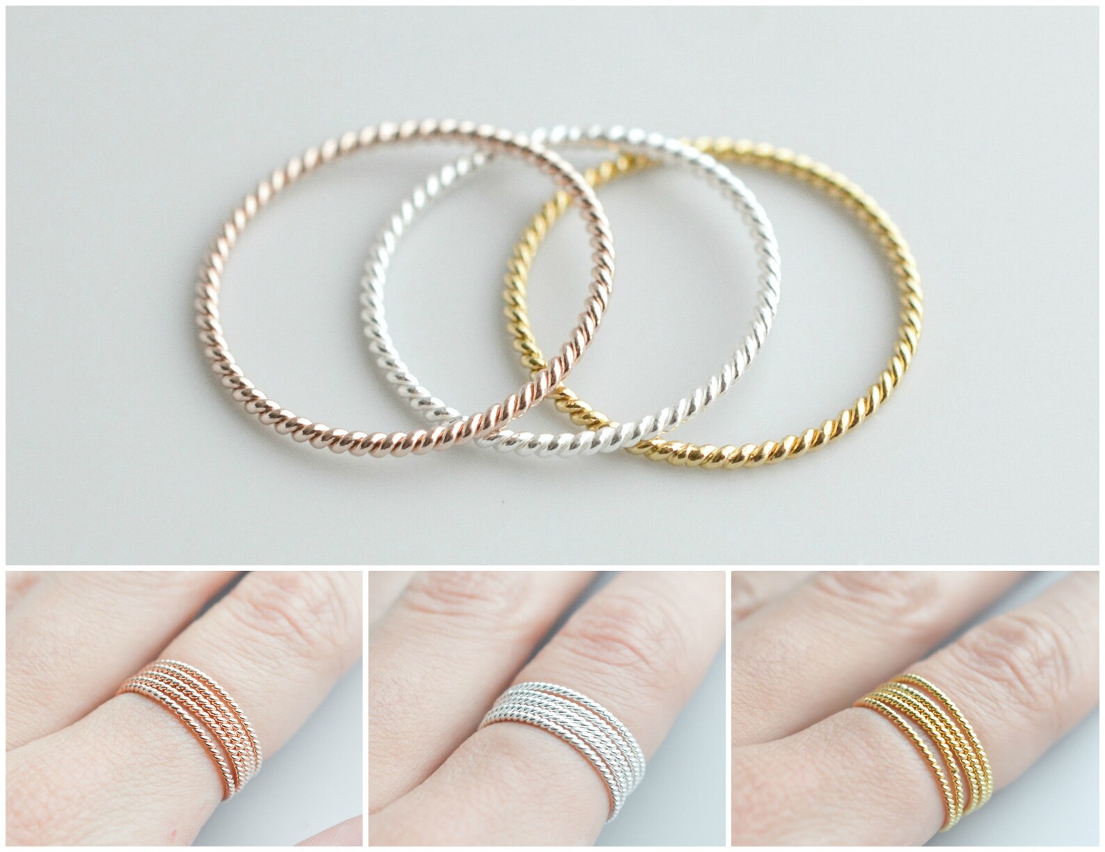 Sterling Silver Twisted Stacking Rings for Women - Ultra Thin Band ...