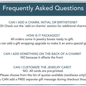 May include: A blue and white graphic with the text "Frequently Asked Questions" and a list of questions and answers about adding charms, packaging, customization, and gift messages.