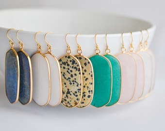 Gold Gemstone Earrings, Dangle Statement Earrings, Lapis, Quartz, Jasper, Amazonite, Rose Quartz, Stone Earrings, Colorful Stone Jewelry