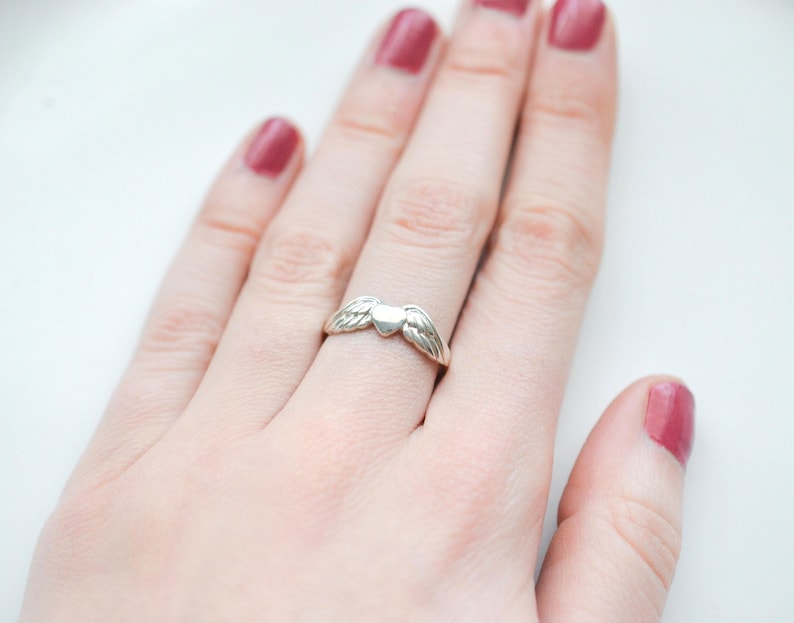 Sterling Silver Angel Wing Ring, Guardian Angel Ring for Women, Simple Heart Ring, Memorial Jewelry, Gift In Memory Of, Size 5 6 7 8 9 10 image 1