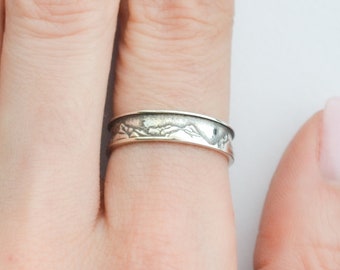 Sterling Silver Mountain Ring, Mountain Band Ring, Thick Band Ring, Nature Inspired Mountain Range Ring, Silver Cigar Band Ring, Thumb Ring