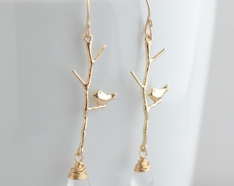 Gold Bird Earrings, Nature Inspired Dangles, Crystal Quartz Drop Earrings, Botanical Plant Jewelry, Whimsical Gold Branch Earrings