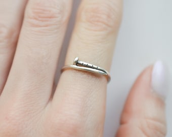Sterling Silver Nail Ring, Adjustable Nail Wrap Ring, Silver Construction Ring, Industrial Jewelry, Minimalist Ring for Men or Women