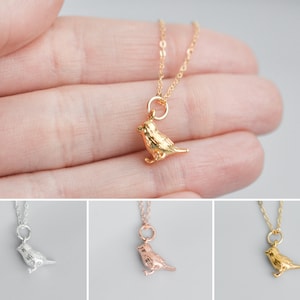 Collana con uccello riempita d&#39;oro, oro rosa o argento sterling, regalo per amanti degli uccelli per donne giardiniere, gioielli con ciondolo natura, ciondolo pettirosso delicato