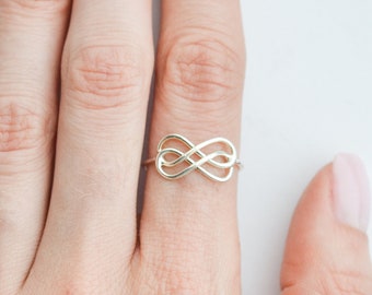 Sterling zilveren Infinity ring, dubbele Infinity ring, dunne band delicate eeuwigheid ring, sierlijke Forever gekoppelde belofte ring, alledaagse ring