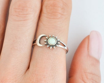 Sterling Silver Sun and Moon Ring, Adjustable Celestial Ring, Crescent Moon Ring for Women, Boho Moon Stone Ring, White Opal Moon Ring