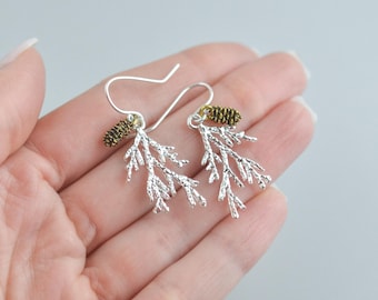 Pine Tree Pinecone Earrings, Sterling Silver and Gold Mixed Metal Jewelry, Nature Inspired Forest Earrings, Winter Woodland Dangle Earrings