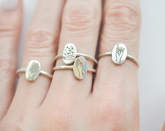 Sterling Silver Hand Gesture Ring, Minimalist Hand Sign Jewelry, Rock and Roll Ring, Spiritual Peace Rock Ring, Dainty Oval Band, Sizes 3-10
