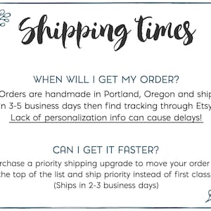 May include: A white card with the words "Shipping times" in black script. The text below explains order processing and shipping times, including a priority shipping upgrade option. Decorative floral elements are in the corners.