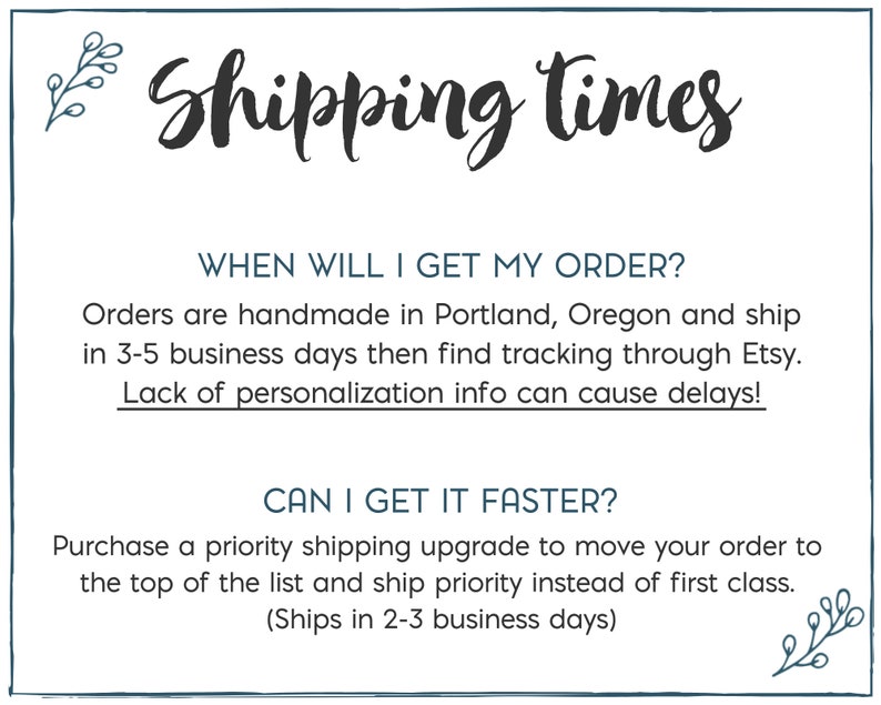 May include: A white card with the words "Shipping times" in black script. The text below explains order processing and shipping times, including a priority shipping upgrade option. Decorative floral elements are in the corners.