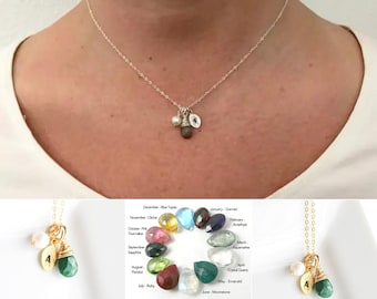 Custom Birthstone Necklace with Initial Charm, Personalized Gold Filled Jewelry for Women, Birthday Gift for Her, Letter Charm and Real Gem