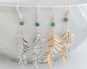 Gold or Silver Leaf Earrings, Emerald Leaf Dangle Earrings, Fern Nature Jewelry, Boho Botanical Earrings, Everyday or Special Occasion Gift