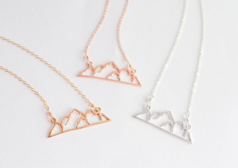 Mountain Necklace Sterling Silver, Gold or Rose Gold, Wanderlust Jewelry, Hiker Gift, Nature Necklace for Women, Adventure Wedding Necklace image 1