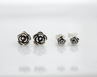 Sterling Silver Rose Stud Earrings, Rose Bud Flower Studs, Dainty Rose Bloom Earrings, Minimalist Floral Jewelry Gift, Silver Studs