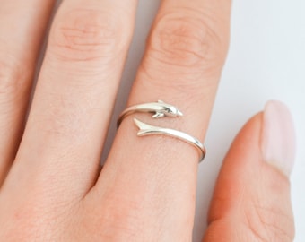 Verstelbare dolfijnring sterling zilver, minimalistische open oceaanring, schattige eenvoudige zeelevenwikkelring, mariene sieraden, strandvismanchetring