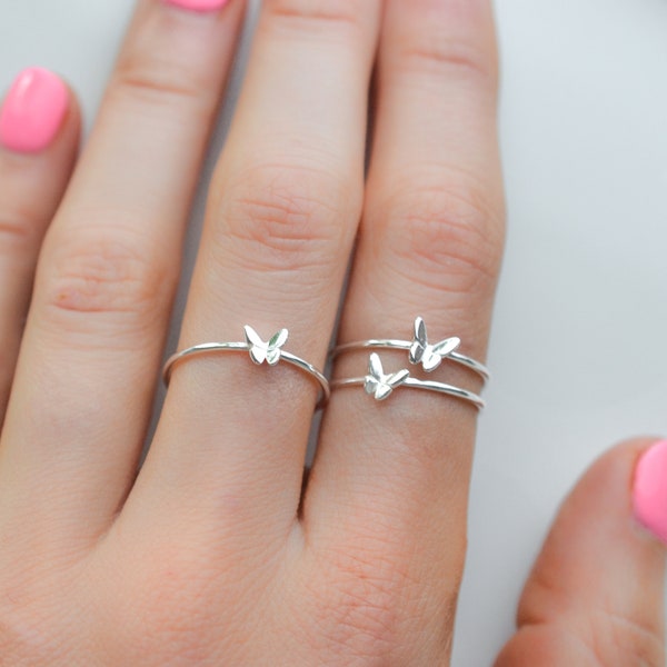Butterfly Ring Sterling Silver Nature Ring Set, Insect Ring for Women, Minimalist Thin Band Ring, Dainty Stacking Ring, Delicate Silver Ring