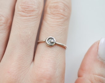 Sterling Silver Star Ring, Dainty Crescent Moon Ring, Delicate Celestial Ring, Minimalist Moon Star Ring, Astronomy Cosmic Jewelry
