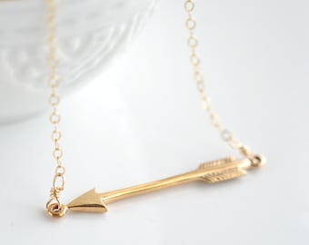 Gold Filled Arrow Necklace for Women, Simple Minimalist Pendant, Layered Layering Necklace, Horizontal Arrow Charm, Birthday Gift for Her