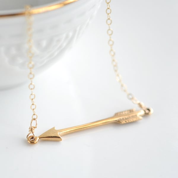 Gold Filled Arrow Necklace for Women, Simple Minimalist Pendant, Layered Layering Necklace, Horizontal Arrow Charm, Birthday Gift for Her