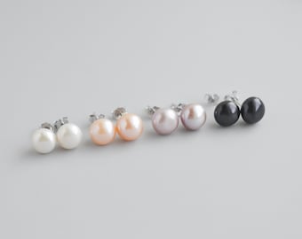 Sterling Silver Pearl Stud Earrings, White Peach Dusty Rose Black Pearls Classic 8mm Studs, Elegant Bridal Earrings, Bridesmaid Gift for Her