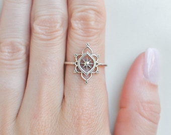 Sterling Silver Mandala Ring, Meditation Ring Worry Ring, Geometric Pattern Yoga Ring, Dainty Crown Ring, Everyday Bohemian Ring