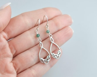 Sterling Silver Celtic Knot Earrings, Emerald Dangle Earrings, Irish Knot Jewelry, Teardrop Gemstone Earrings, Boho Nature-Inspired Drops