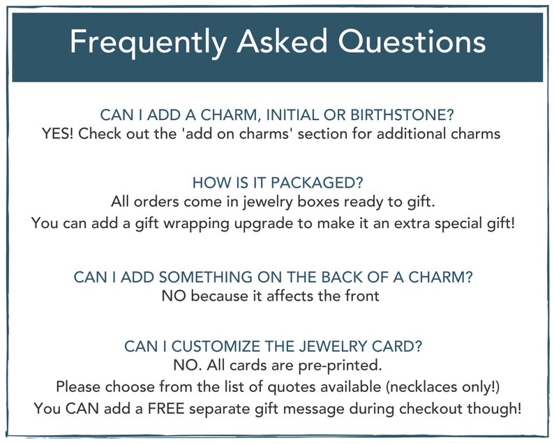 K&ouml;nnte beinhalten: Eine blaue und wei&szlig;e Grafik mit dem Text "Frequently Asked Questions" und einer Liste von Fragen und Antworten zum Hinzuf&uuml;gen von Charms, zur Verpackung, zur Anpassung und zu Geschenknachrichten.
