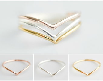 Sterling Silver Chevron Stacking Rings for Women - Gold/Rose Gold Band Stack Ring - Skinny Wave Hammered Stackable Rings - Size 5 6 7 8 9 10