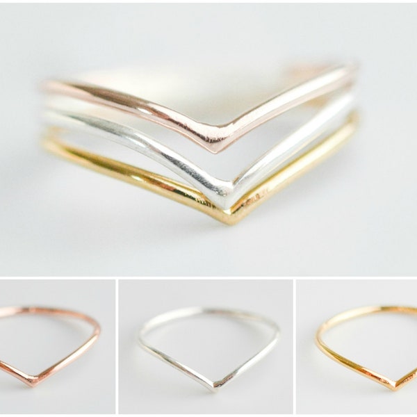Sterling Silver Chevron Stacking Rings for Women - Gold/Rose Gold Band Stack Ring - Skinny Wave Hammered Stackable Rings - Size 5 6 7 8 9 10