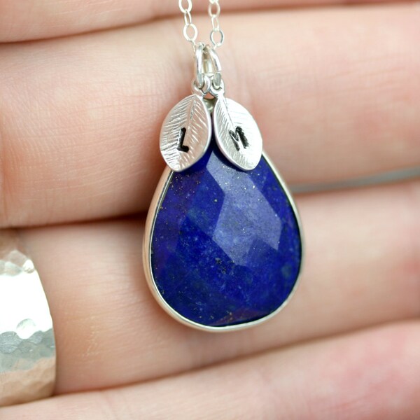 September Birthstone Necklace - Minimal Birthstone Necklace - Lapis Lazuli Silver Necklace - Silver Birthstone Initials Necklace