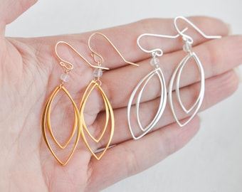 Gold or Sterling Silver Marquise Dangle Earrings, Hammered Geometric Drop, Crystal Quartz Earrings, Lightweight Modern Jewelry, Gift for Her