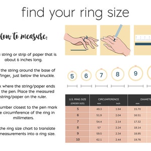 May include: A chart showing how to measure your ring size using a string or strip of paper. The chart includes a table with US ring sizes, circumference in millimeters and inches, and diameter in millimeters and inches.