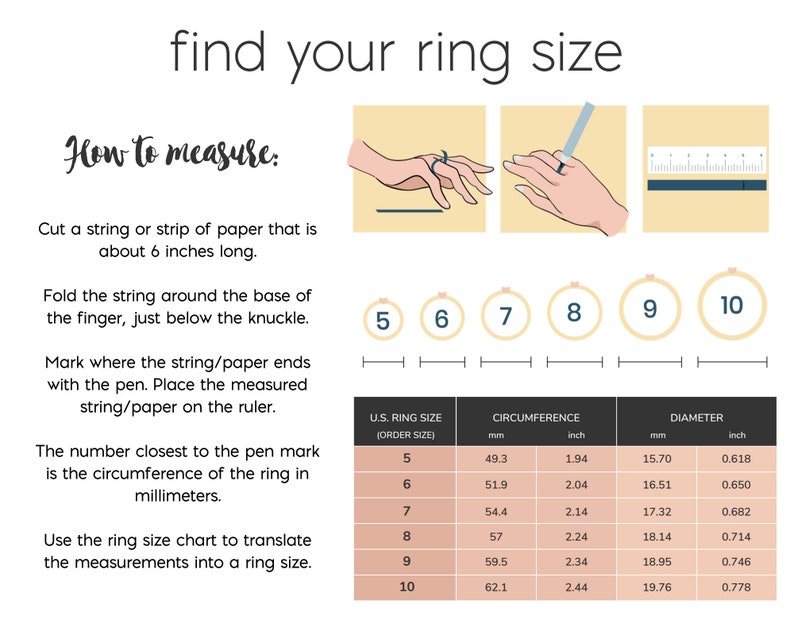 May include: A chart showing how to measure your ring size using a string or strip of paper. The chart includes a table with US ring sizes, circumference in millimeters and inches, and diameter in millimeters and inches.