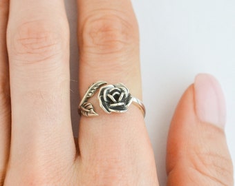 Sterling Silver Adjustable Rose Ring,  Wrap Floral Ring, Cuff Blossom Ring, Open Nature Ring, Cottagecore Jewelry, Silver Rose Flower Ring